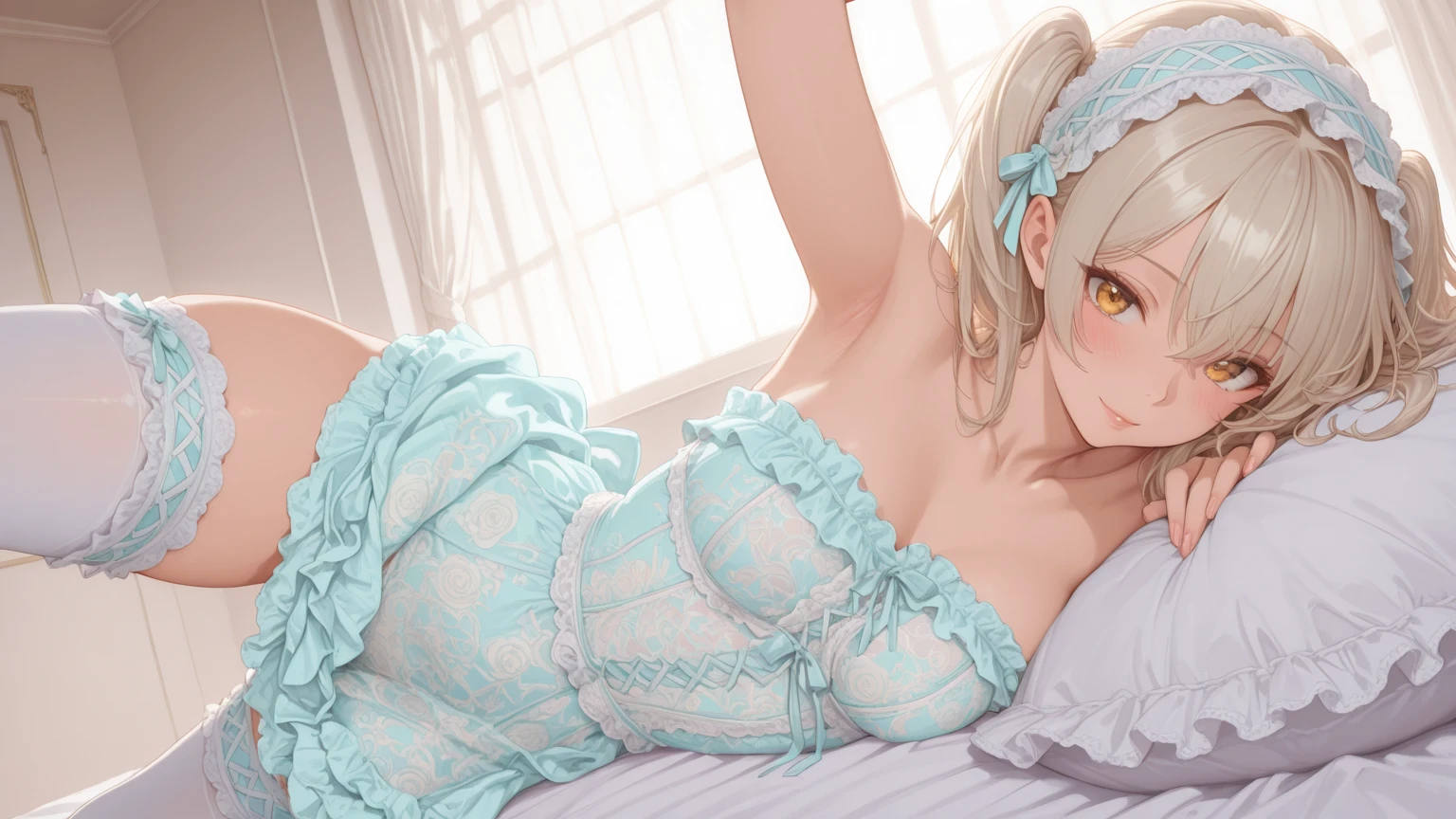 (((depict young girl angel))), (((top-quality, masterpiece))), ((lace lingerie)), ((cute white lingerie with lot of details)), (((light blue ribbons on lingerie))), straight blond hair, deep blue eyes, small breasts, nice hips, open shoulder, (Masterpiece, Excellent, complex details), delicate girl, delicate face, happy smille