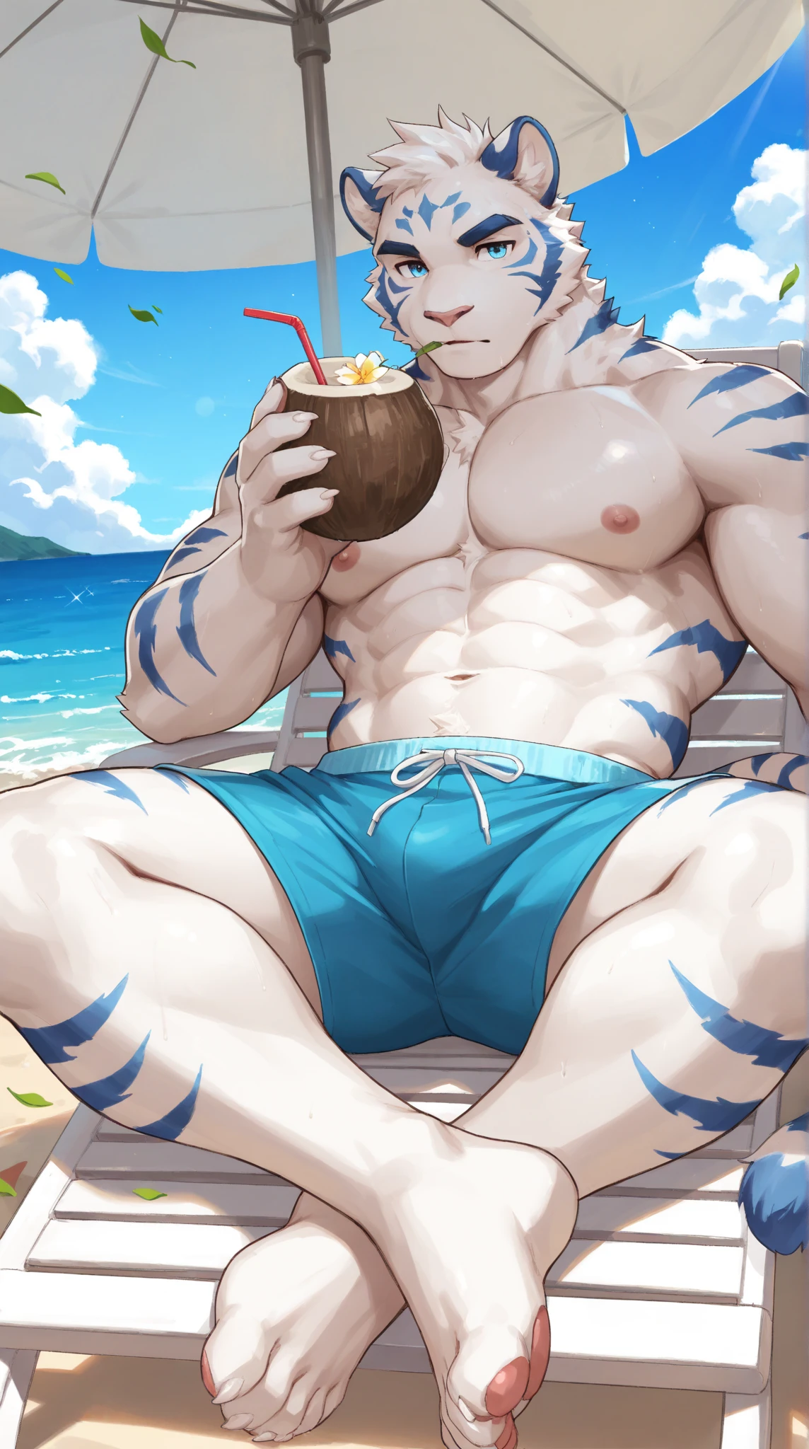 1 male, Japanese male model, high resolution 4k, young, handsome, perfect face detail, detailed eyes and face, clean shaved, sixpack, white eyebrow hair, white eyelashes, Naked torso, Detailed face, perfect face, dynamic lighting, Real skin texture, Perfect hand details, Real and complete hand details, unreal engine, hd picture, satoru gojo, Jujutsu kaisen, white hair, short hair ,hair between eyes ,blue eyes, white skin, Background sea, Hold a drinking glass