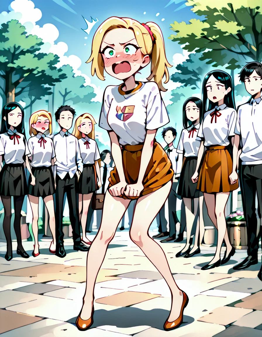 German nudist girl running、Lots of close elementary school boys pushing each other with their eyes wide open、surround each other'wide eyes、Laughter and joy、longshot、Group Selfies、from side
