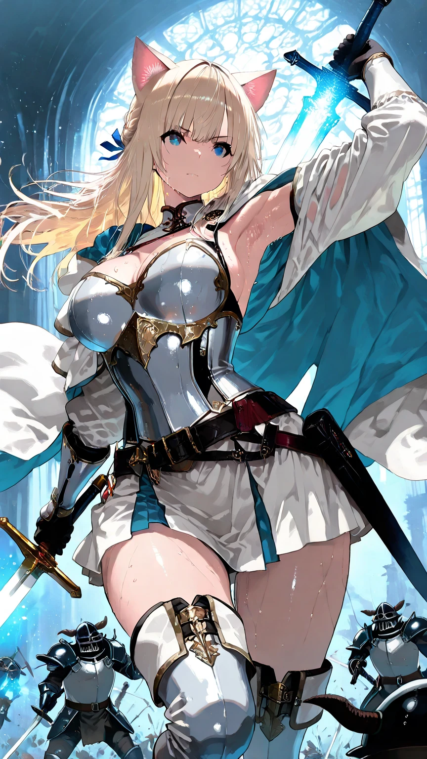 4k,High resolution,one woman,centaur,blonde,long hair,blue eyes,knight,white holy armor,hat with feathers,long sword,Plain color