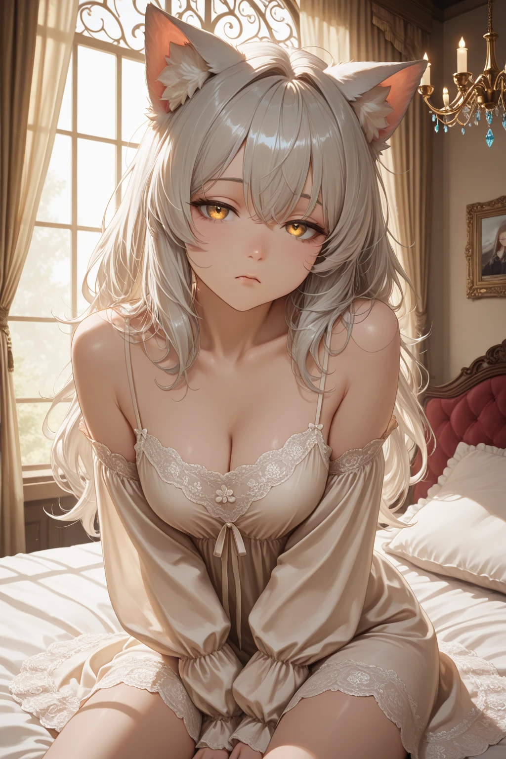 One girl、A little sexy、Blonde、Red sparkling eyes、detailed cute eyes,(glowing eyes:1.4),open mouth,((Droopy eyeole on left cheek Medium Curl Hair、Dog ears、Lying down、Golden Room、pearls choker,sensual pose,