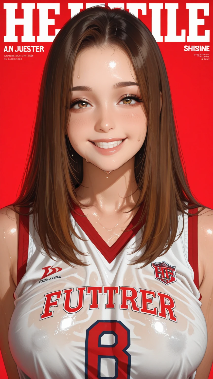 1 girl,brown hair,brown eyes, curly hair, white skin,(((fit body))), big breasts,(happy expression), gym  clothes (close up)