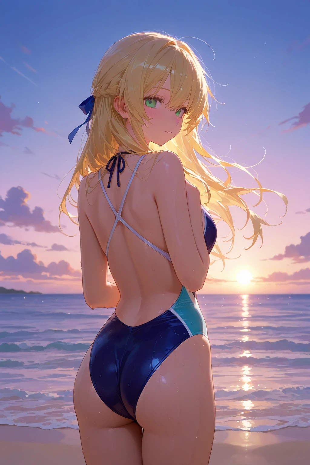 （Afilado、HighDynamicRange、highest qualityr、8ｋ）、Gran derrame fuera de la parte superior del cuerpo、El cabello：una rubia、bun hair、Trenzas、Prendas：Figura en topless、swimsuit、The location：Waterside、A river、action：doblar la mano con、