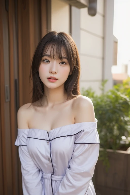 masterpiece, highest quality, 8k,Ultra-high resolution、1080dpi、Head to knee photo、 20th Generation, Large Breasts, cute, alone, sad, cute, Girlish, cute、Delicate girl, Pure beauty, RAW Photos, Professional photography, Soft Light, Professional Lighting, Backlight, avert your eyes, Sophisticated, Film Grain, (Eyes and facial details:1.0), Short floating hair, Beautiful, flowing hair, bangs, (A loose white see-through blouse)、(Large Breasts:1.2)、You can see a little cleavage、The nipple protrusions are clearly visible、(Micro Mini Skirt(Pink))、Voluptuous thighs、Translucent white skin、Dolly Makeup、(Odd Eye、The left and right eyes are different colors)