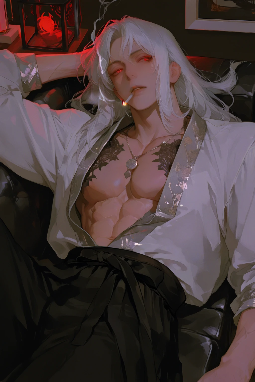Jesse is tall He has white hair with red tips, and sharp grey eyes, they're so beautiful to look at. His hair is a bit wavy and has piercings. Muscular male. Jesse is seen wearing black sweat pants and wearing a baggy navy blue shirt.