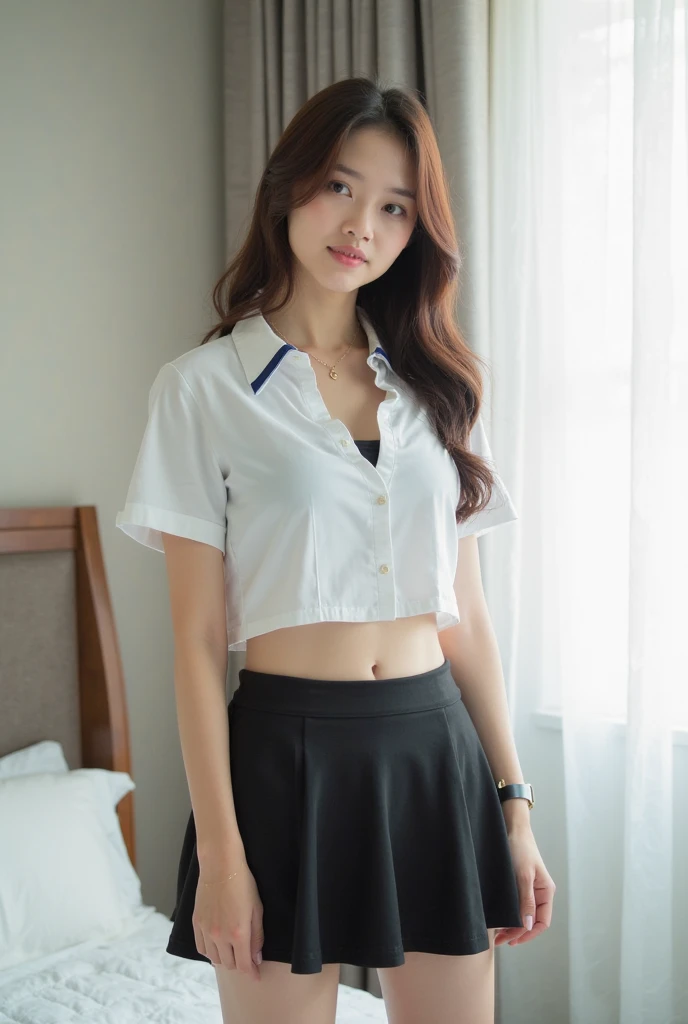 One girl、Excellent anatomy, masterpiece, Highest quality,Realistic, hyperRealistic, 16k hdr,(((skirt lift))),NSFW、White short sleeve shirt、Blue ribbon、Navy blue pleated skirt、Grey vest、Long Hair、Straight Hair、bangs、Brown Hair、high school girl、(Pink Panties)、Slender、Slender body、In the locker room