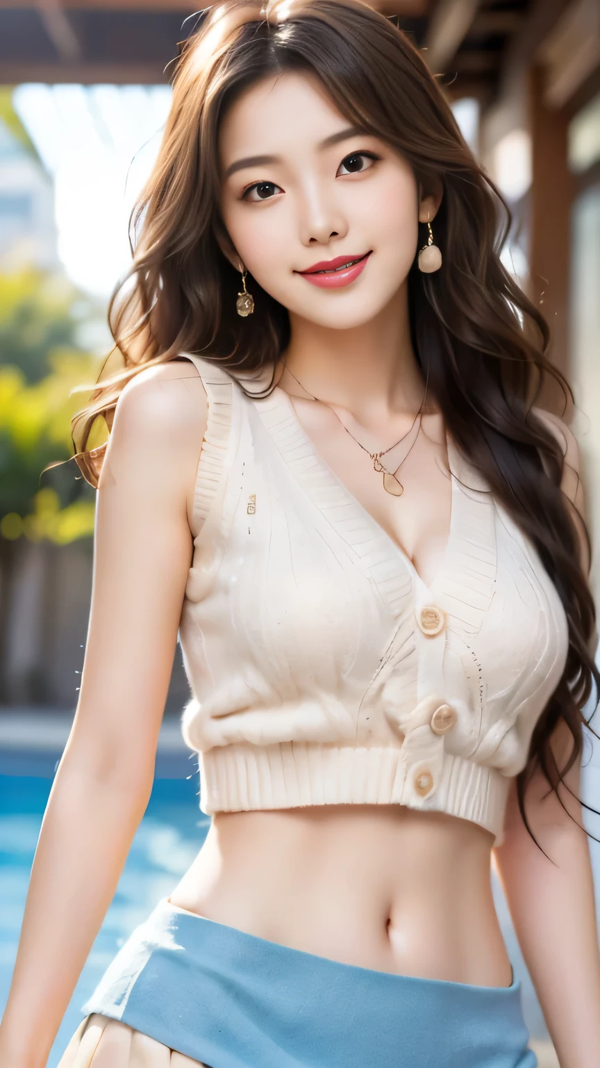 ((best quality)), ((masterpiece)), (detailed), off-shoulder sweater, Transparent body, Visible veins, Highly detailed, Upper body, one girl, young Korean woman with a Korean beautiful face, golden eyes and yellow sandy lush hair, tanned dark bronze skin, huge chest, dressed in an open coat with rolled up sleeves, a transparent unbuttoned shirt, a wide leather belt with gold yarn, leather shorts, a hiking backpack, a two-handed katana in sheathed, walking through the forest, trees with blue foliage and white flowers,