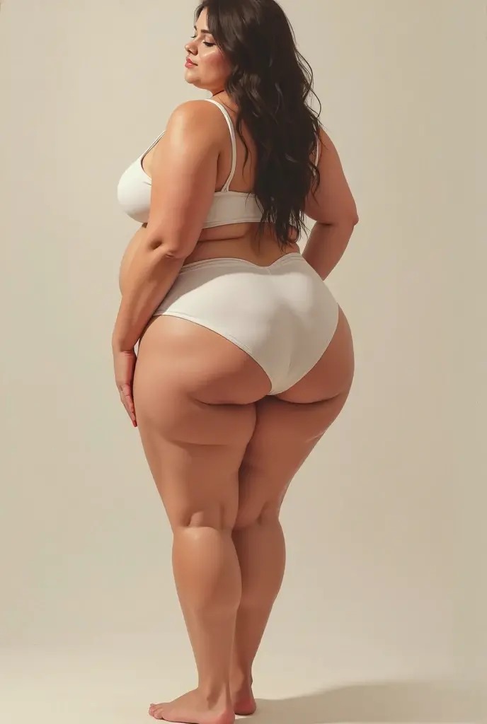 Plus-sized Caucasian woman, in big white panties, and white bra, back shot, big butt, crop shot, walking around home, photo realistic, intricate details