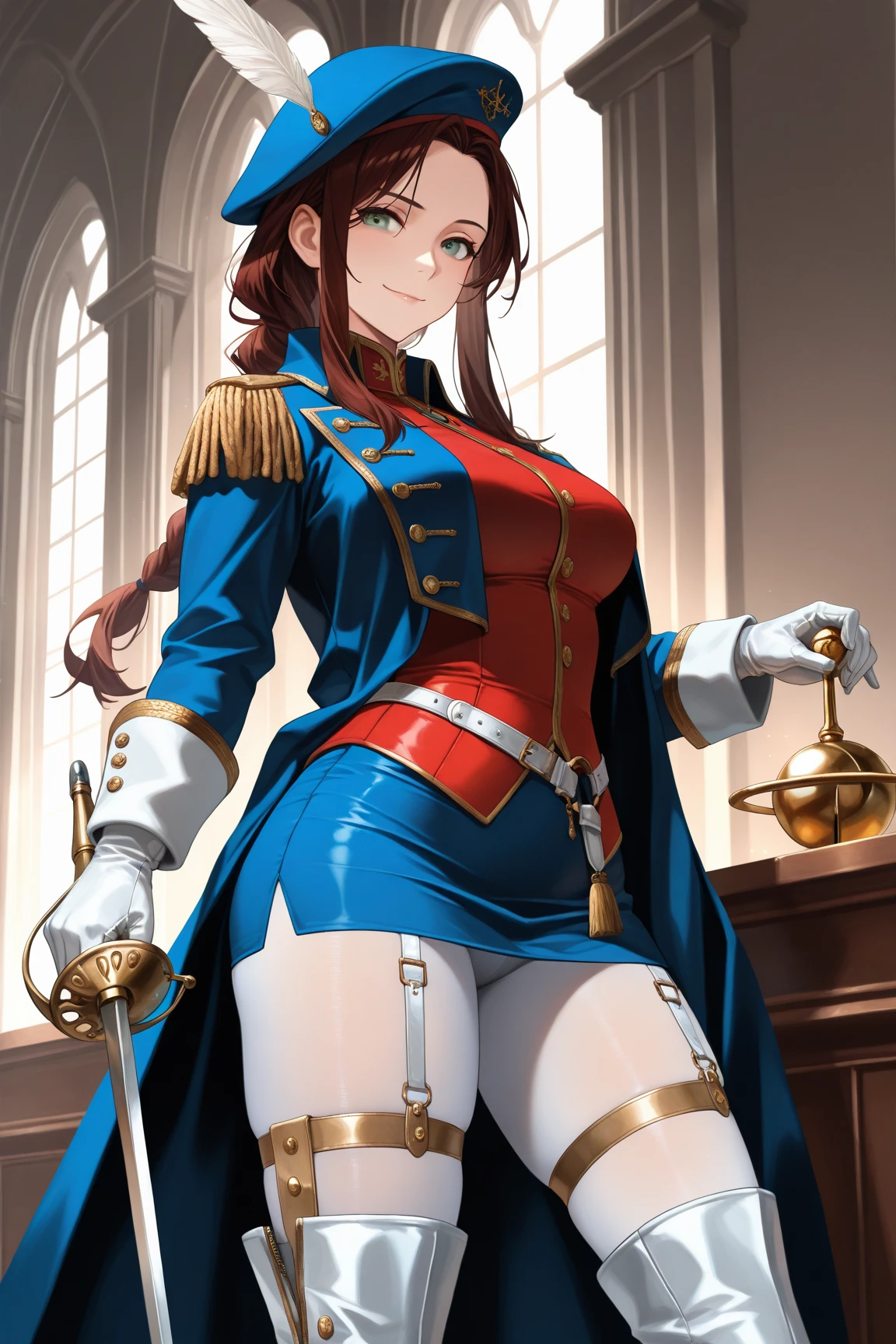 (Masterpiece: 1.2, Best Quality), Realistic, (Realistic Picture, Complex Details, Depth of Field), Best Quality, Masterpiece, Highly Detailed, Semi Realistic, 1 Girl, Mature Female, 21 Years Old, Blond Hair, Shoulder length Short Hair, Left Eye Covered with Hair, Blue Eyes, King's Clothes, Red Cloak, Slim Figure, Crown Made of Precious Gold, Reading Documents, Marking Documents, Goose Hair Pen, Office Table, Soft Bench, Palace, In the palace, during the Middle Ages