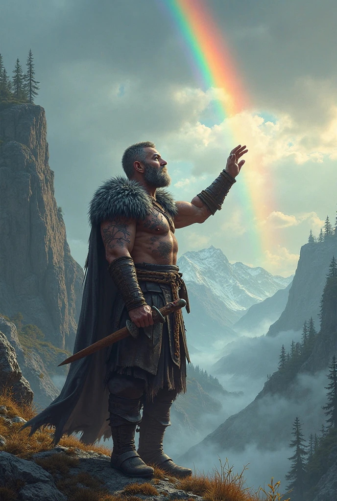 Bronze age man with short hair on top and short sides warrior reading the Bible in the cold