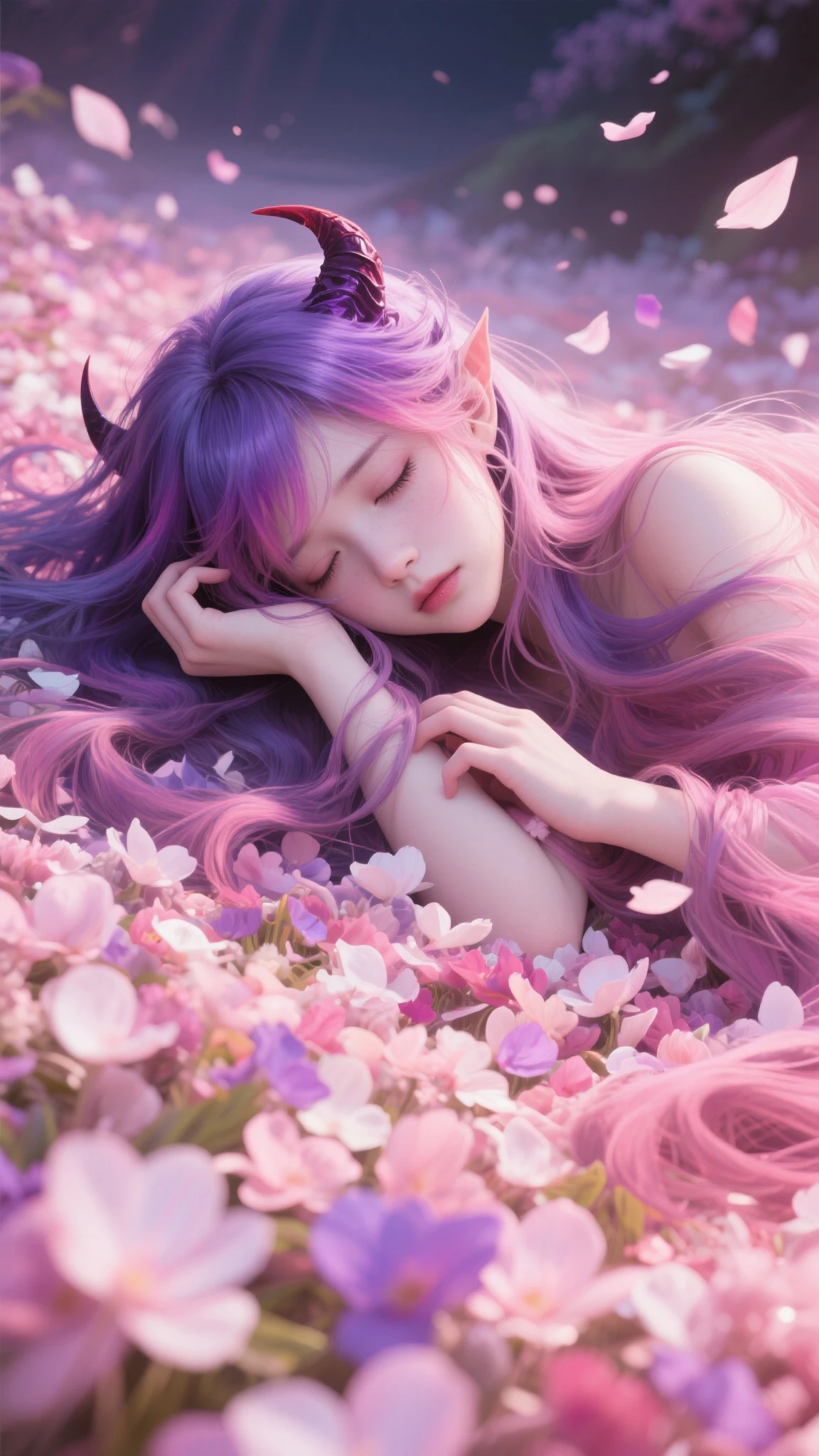 purple haired girl laying on a bed with purple flowers, artwork in the style of guweiz, smooth anime cg art, photorealistic anime girl render, guweiz, anime style 4 k, 3 d anime realistic, beautiful anime girl, photorealistic anime, trending on cgstation, 4k anime wallpaper, beautiful fantasy anime, anime style. 8k