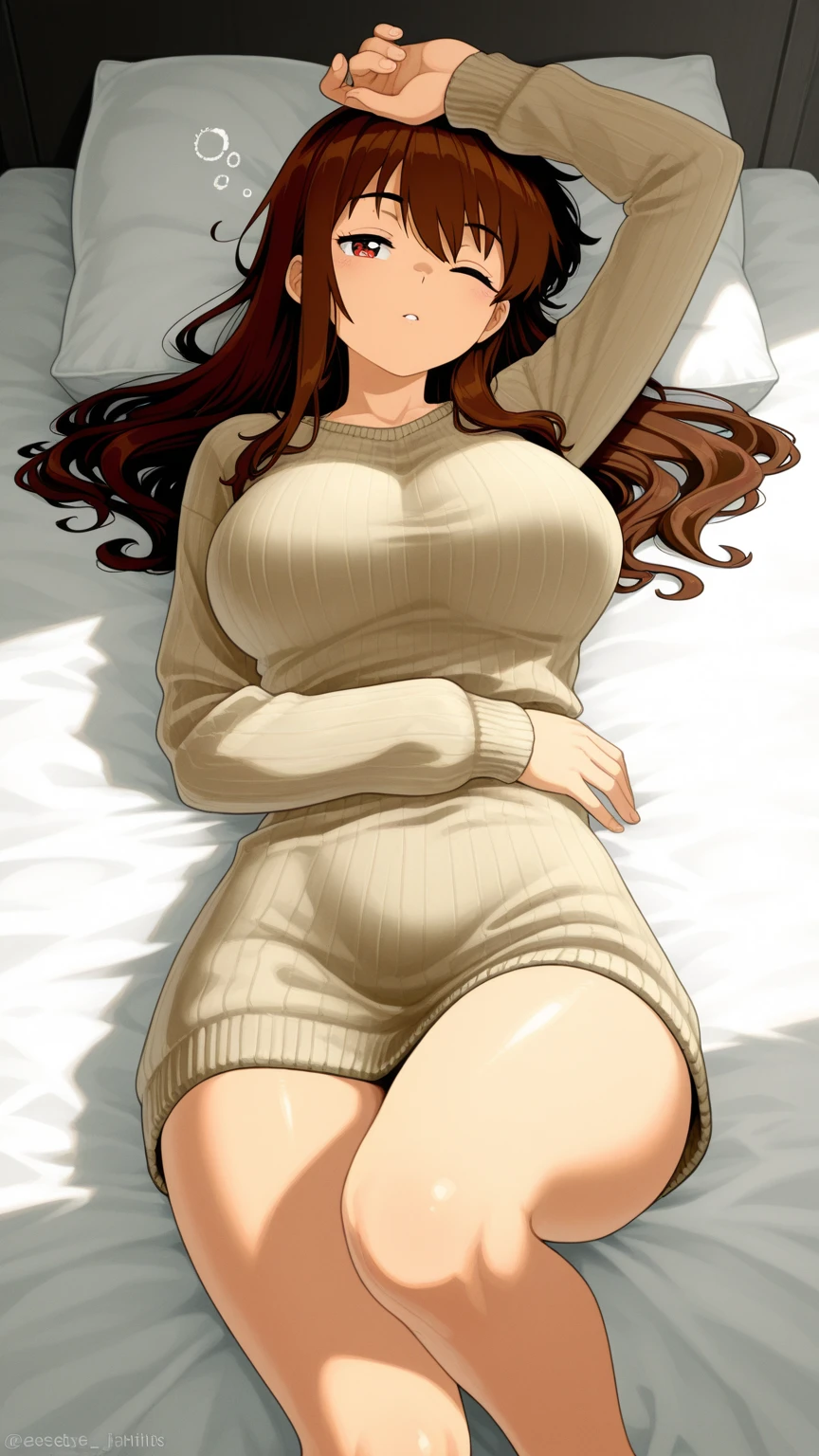 (table top, highest quality, High resolution, , perfect pixel, 4k,), 1 girl, single, alone, Beautiful woman、I could see the whole body、 ((wavy mid-length hair, bangs, brown hair)), ((brown eyes, beautiful eyelashes, realistic eyes)), ((detailed face, blush:1.2)), ((smooth texture:0.75, realistic texture:0.65, realistic:1.1, Anime CG style)), soft chest, dynamic angle, perfect body, ((,, , earrings、necklace、white turtleneck sweater、、black knee high stockings、open both legs wide、open both knees、shy smile)),、、、、(luxury hotel bed、sleep on your back)、、Close your chest with both arms、(You can see the light blue lace panties))、angle from below)、