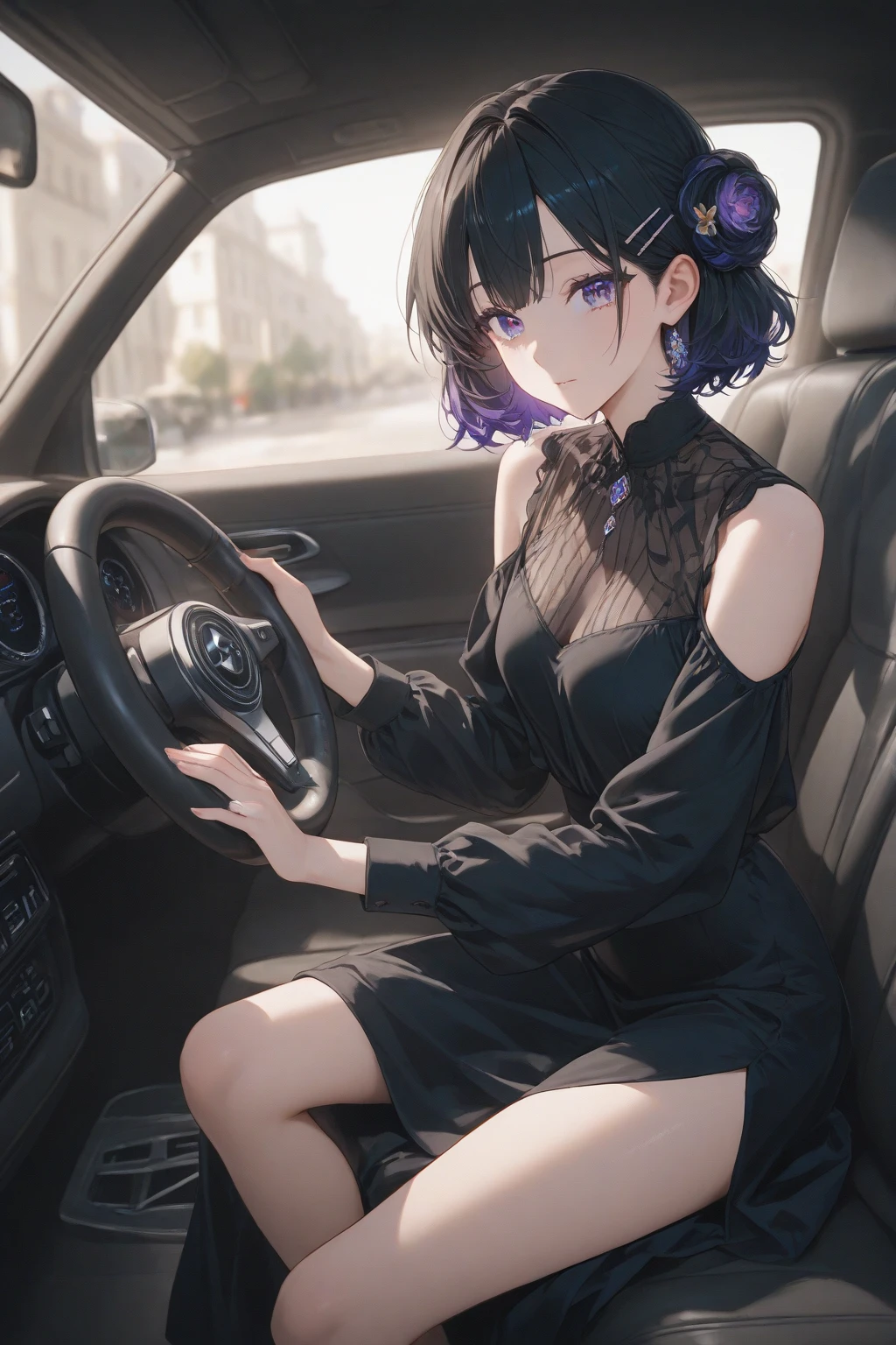 (((masterpiece))),(((High resolution)))、Beautiful office lady wearing black sleeveless sweater and pencil skirt, Looking at the camera, ((Top quality eyes)), Detailed face, ((Detailed Texture)), hentai, sitting on the car driver’s seat
