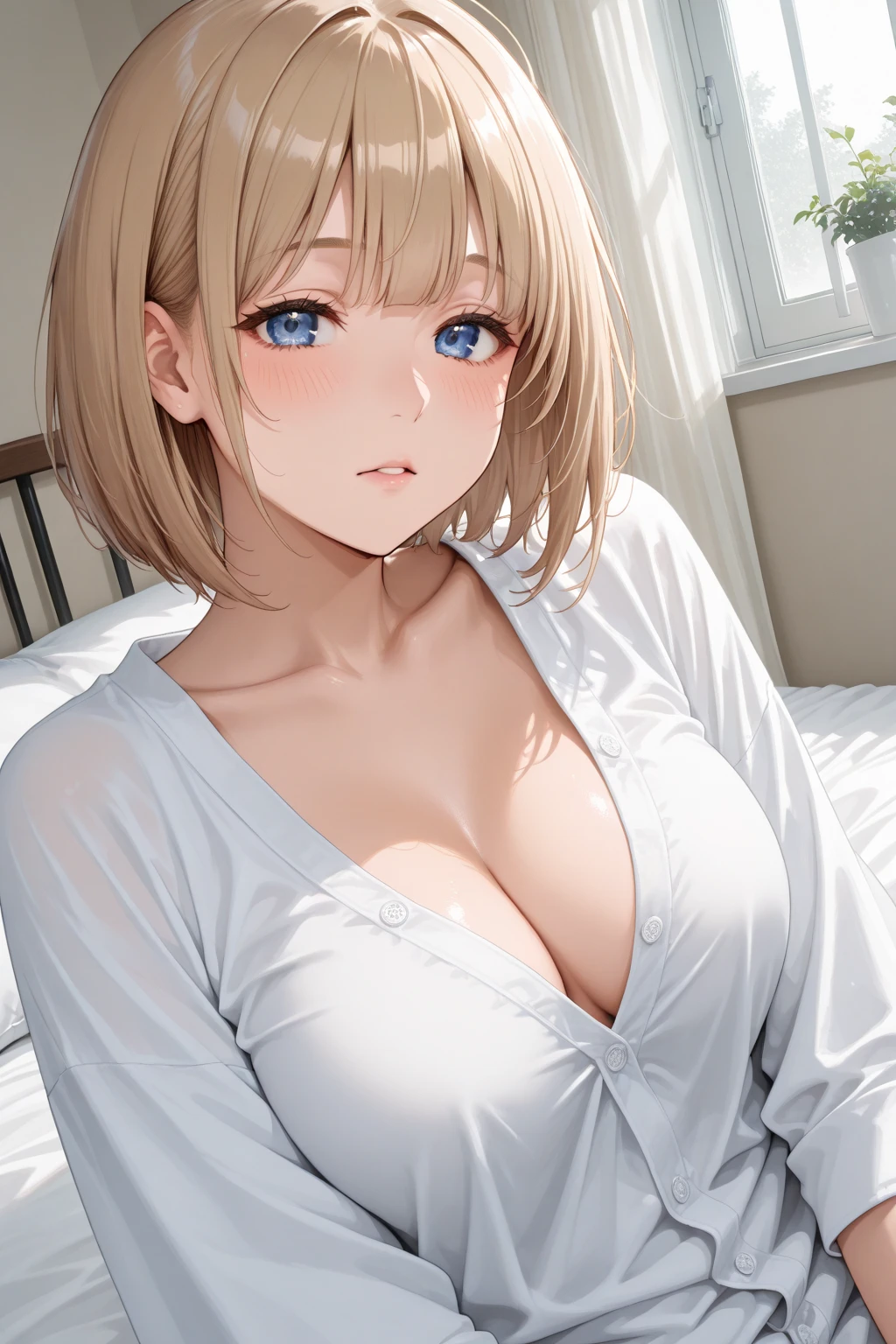 wearing a school outfit,((extremebig tits)),(highest quality、4k、8k、High Resolution、masterpiece:1.2)、Super detailed、(Photorealistic:1.37)、Portrait、Sharp Focus、feminine、delicate、White skin、female curves、Gentle expression、Soft lighting、Bright colors、Artistic atmosphere, shy expression, showing tits, in school, big pointy nipples, close-up on face and tits, waist-up-portrait, short blond curly hair, orange eyes, cute face,