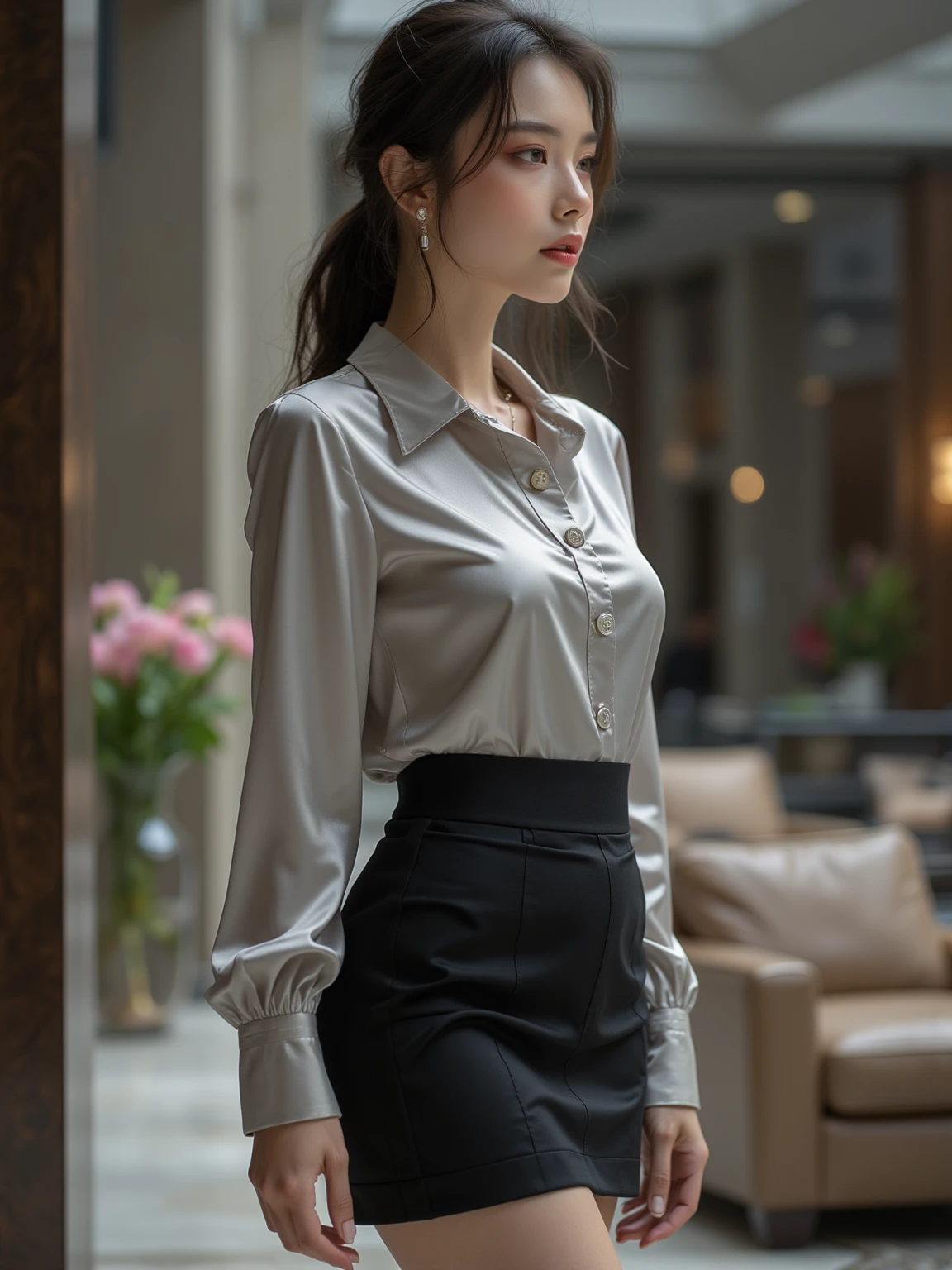 Chinese woman, beautiful face, masterpiece, HD, photorealistic, smiling, seductive, office wear, wearing office clothes, silk button blouse, pleated silk skirt, sfw, formal, physics based rendering, large breasts, silk leggings