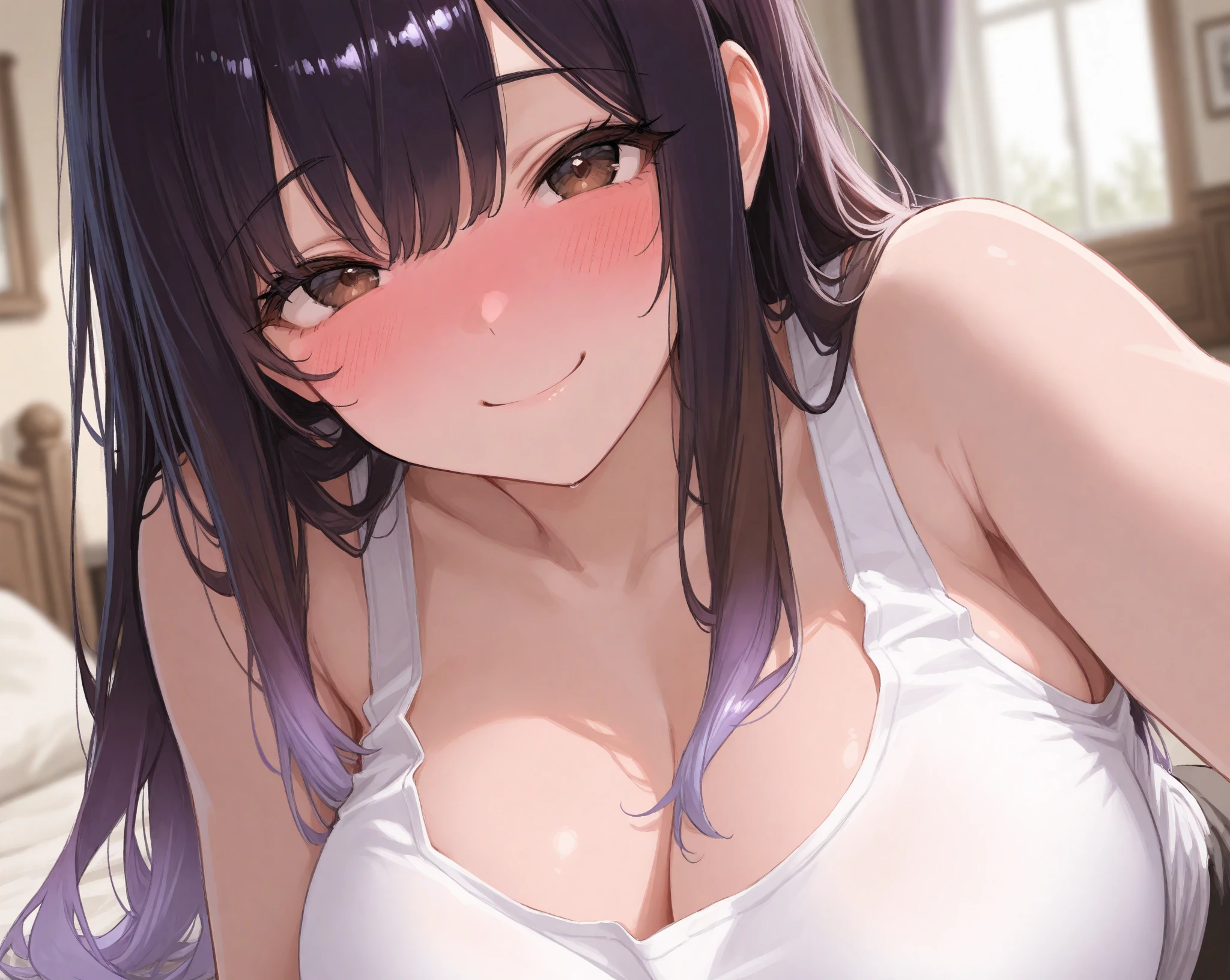 pov paizuri,mature elegant woman,straight hair,,tareme,black hair,oily skin,at morning,at kitchen,large breasts,glossy lips,eyelash,sweater,penis in breasts,tender smile,bukkake