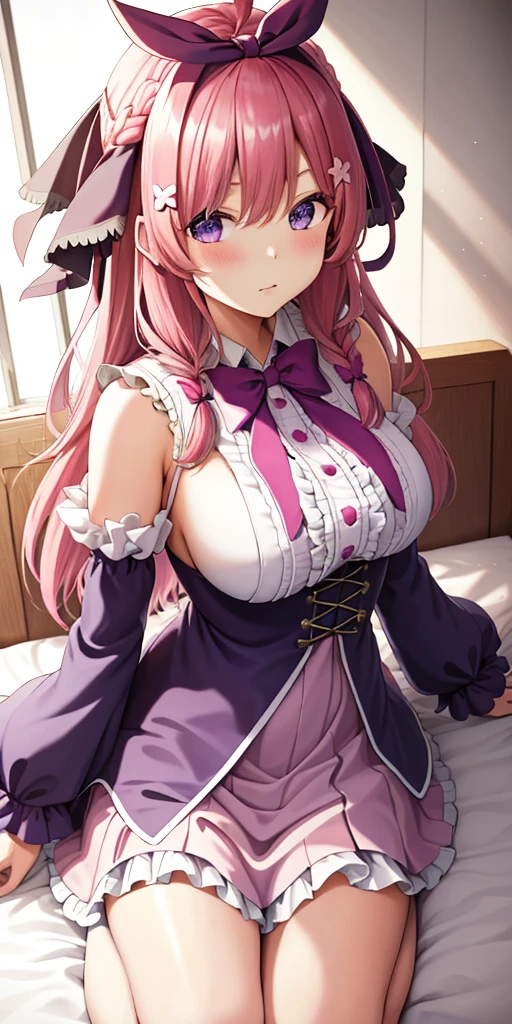 A pink hair、Purple Eyes、(((Large Breasts、Breast sagging、Low-cut，Cleavage，Wide hips,)))((Long legs)),Hourglass figure))Woman wearing conservative student clothes，Studying on the roof at night