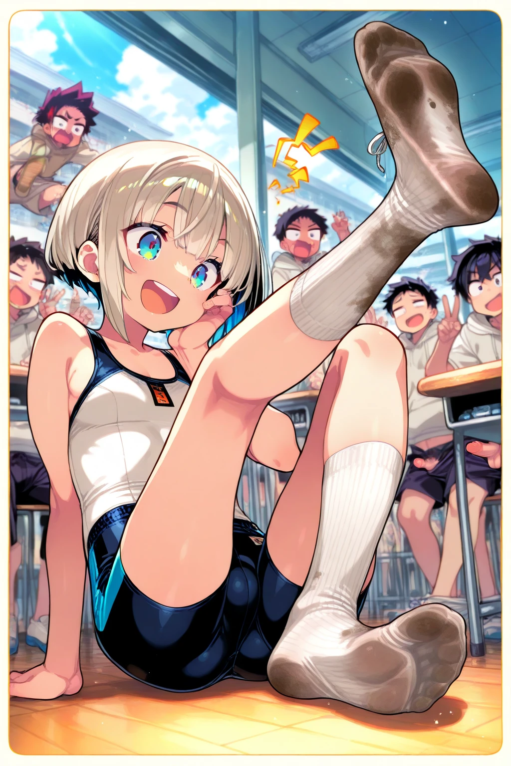 ((uniform))、(膣Sex:1.5)、(Beautiful Landscape)、evening、Droopy eyes、(Vaginal ejaculation:1.5)、Sex、erotic、Vaginal 、Heterosexual、mole、目の下のmole、(smile、upperclassman、Open your mouth)(Masterpiece、high resolution)、(Multiple Girls)、Elementary school girl、8-year-old、Flat Chest、Glasses、short hair、Blonde、Red Eyes、White sticky、Embarrassed look(1 person)Exposed nipples、 Navy blue see-through school swimsuit, school classroom, black gal(Dark Skin:1.2)、(correction:1.1)、(short、small、small:1.2)、Cowgirl、Crouch、Leg spread、