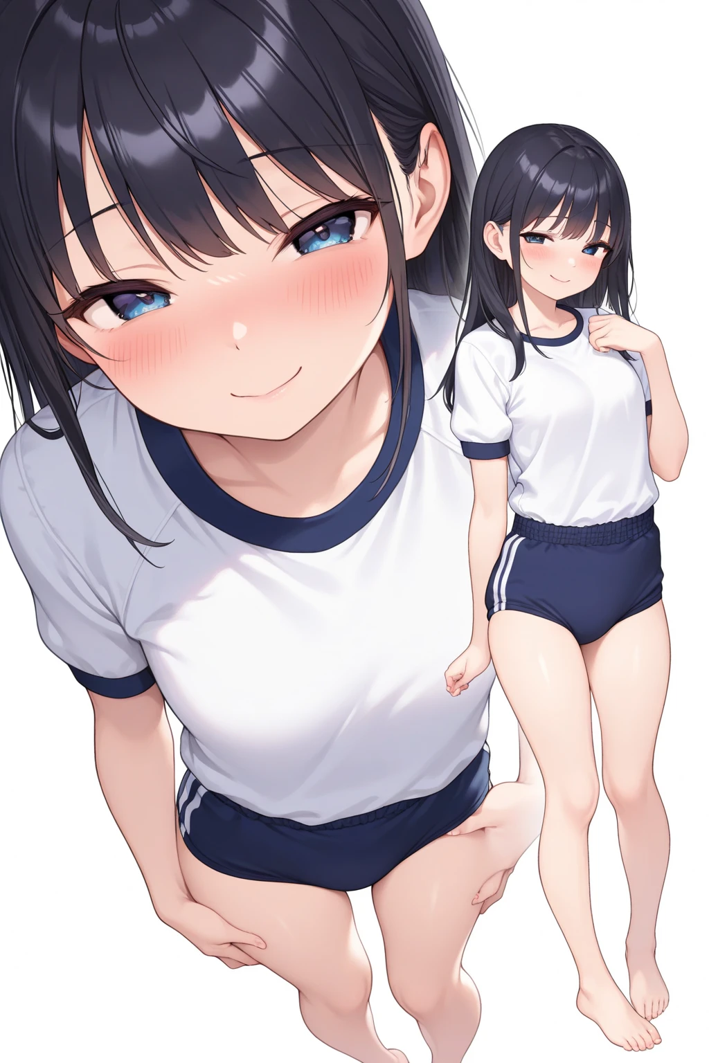 nsfw ,sitting, 1girl,nsfw ,penis,testicles,smile,black hair,brown eyes,,one-piece swimsuit,in bedroom,school swimsuit,twin tail,flat breast,masterpiece,half-closed eyes,rolling eye,blush,sweat,heavy breathing,masterpiece,white background, simple background,foreskin