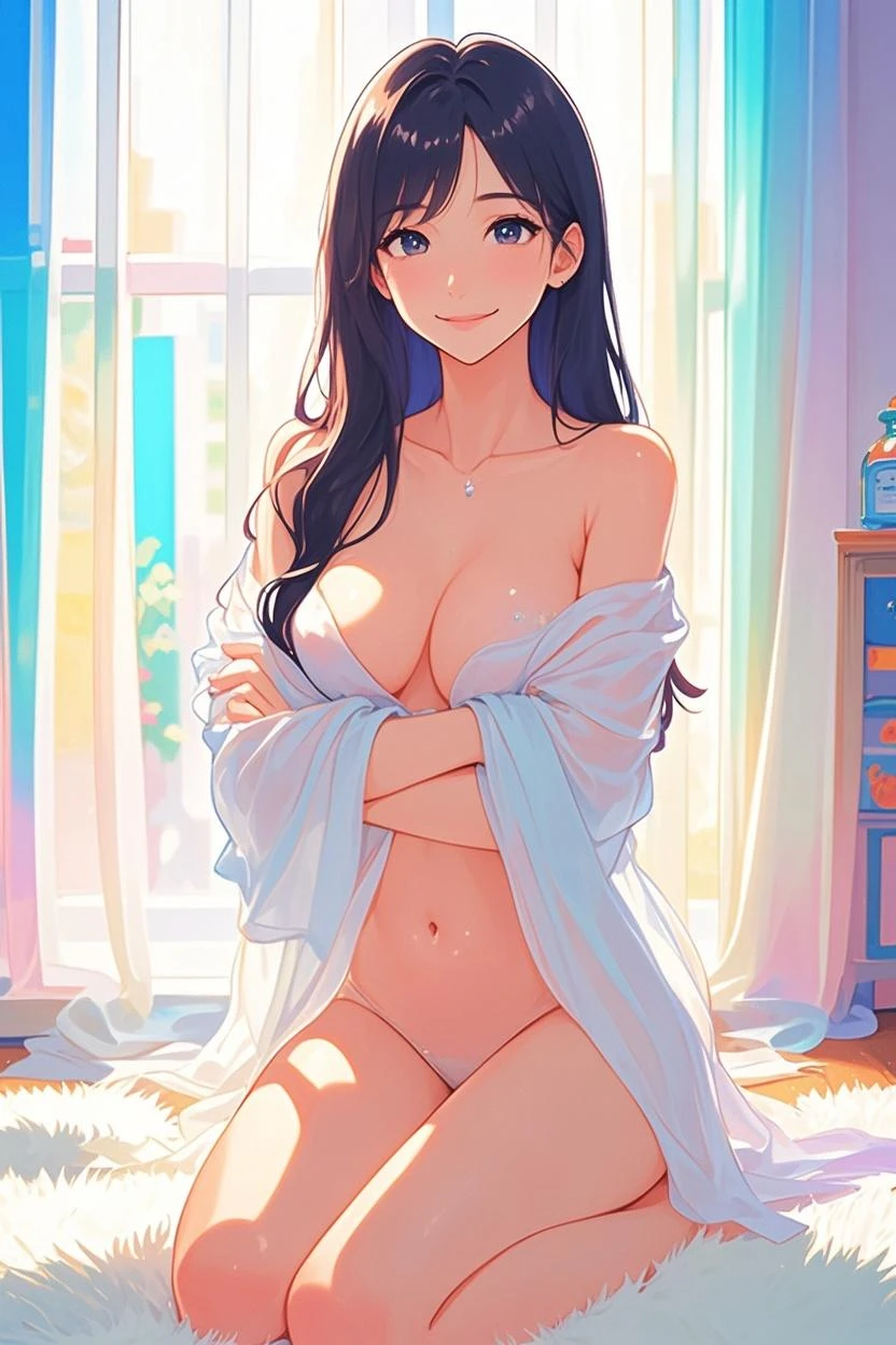 realistic, 1girl, hair over one eye, parted lips, blush, makeup, light smile, glow, thighs, red eyes, collarbone, narrow waist, bedroom, window, moon, on side, (masterpiece), wallpaper, sunlight, (see through:1), (under boob), (naked), soaking wet, (nsfw), navel, sexy, areola, (nippleL1), big nipple, perfect anatomy