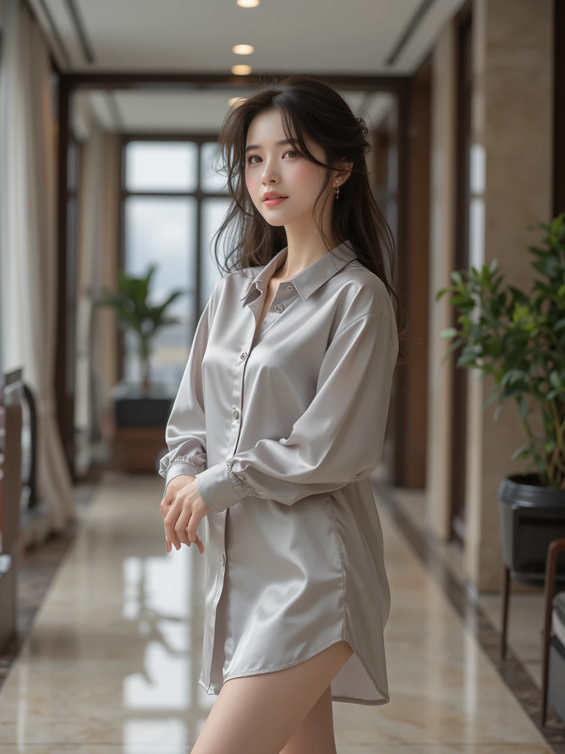 absurdres, RAW photo, extremely delicate and beautiful, masterpiece, Best Quality, ultra high resolution, 32k, hyperrealistic, ultra-detailed, perfect anatomy, perfect figure, Perfect skin, super Detailed skin, muted coral blush, Closed mouth, 20 years old, very Slim body, narrow waist, very small head, very small face, delicate facial features, tearful mole, earring, thin legs, bare legs, (((very huge round breasts))), short medium hair, brown braid hair, ((wavy hair)), wet white shirt, pleated skirt, ((collared dress shirt)), hotel at night,(1girl:1.5), (Anatomically correct),