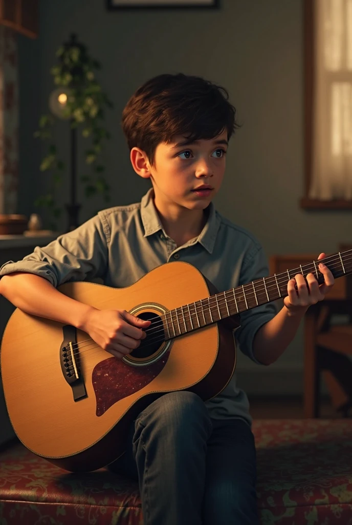 A 18 years boy is
Crying and singing with a guitar in front of a girl