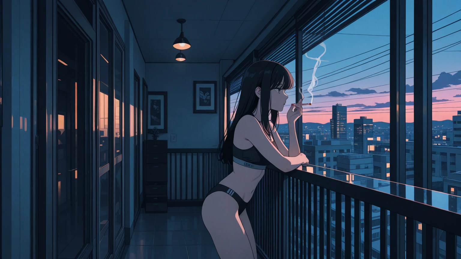Beautiful slim sexy woman in underwears, sitted on a window's edge, looking outside at a night and rainy night on a cyberpunk tokyo style city, studio ghibli style picture, ultradetailed