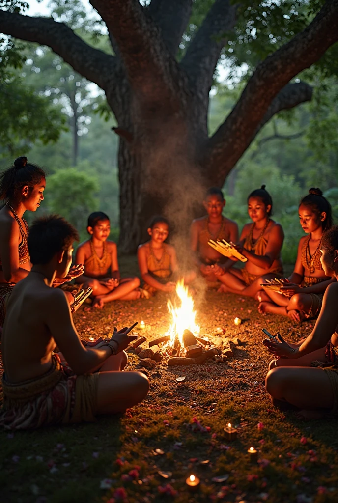 Images with a group of indigenous men blowing tobacco medicine, all dressed up and around a bonfire with ultra-realistic vibrant colors in a closed space with glass sides overlooking the forest.