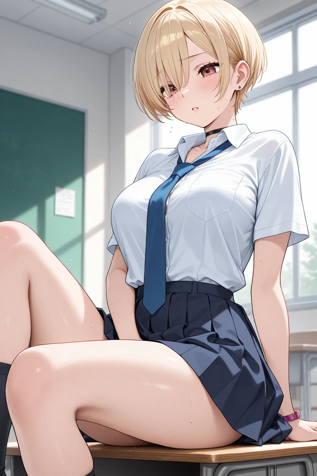 (masterpiece、Highest quality)、Highest quality, Ultra-high resolution, (((masterpiece))), alone, Sweat、Big eyes, Composition from the front、short hair、both ears、Embarrassed face、Blonde Hair、School classroom、Sailor suit、Upper body naked、Breasts exposed、Nipples、Large areola、belly button、skirt、Upper body close-up、Sit with your legs apart、panties、Pussy Line、Browsing Caution