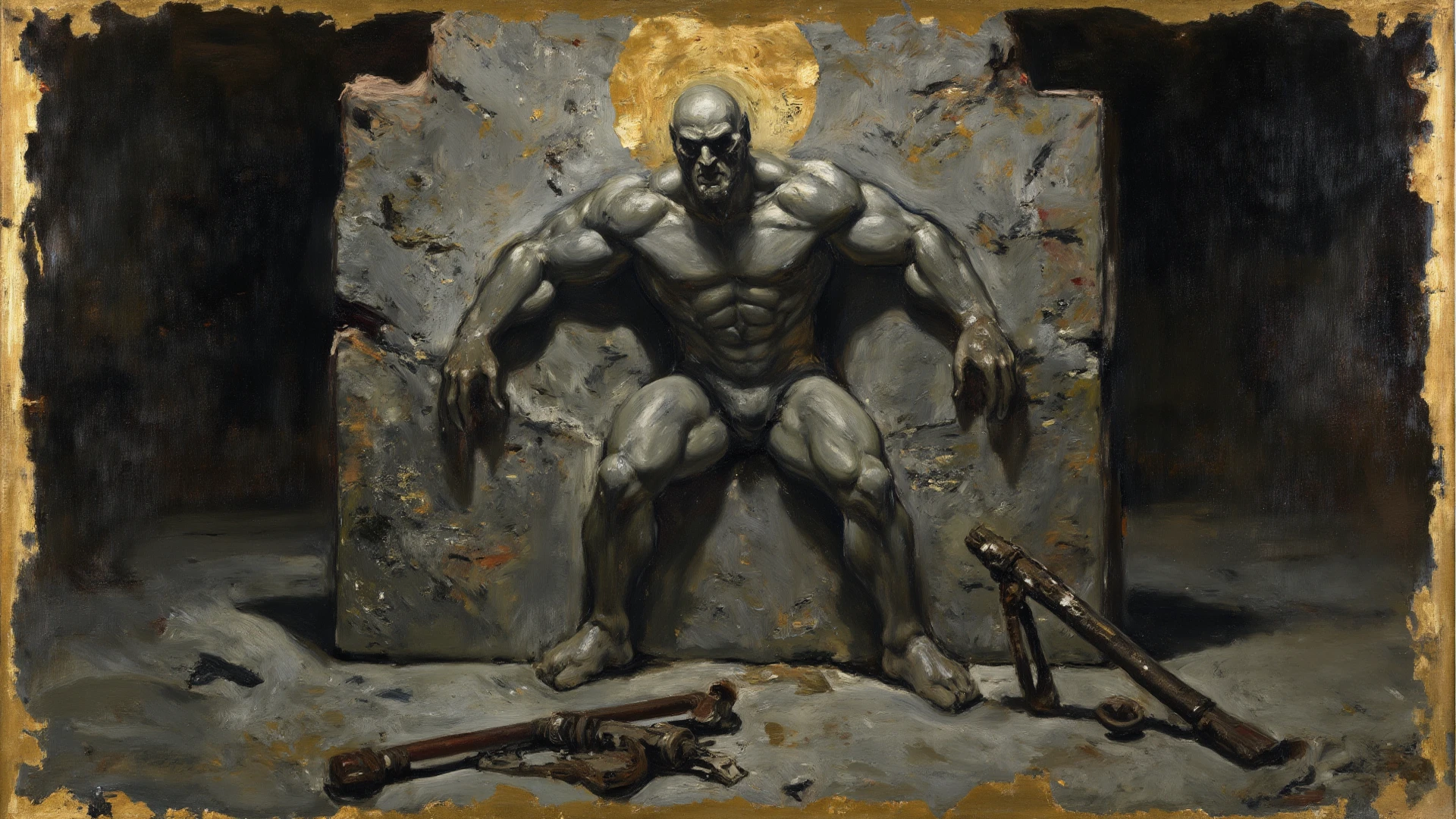 an old man,beard,Long Hair，muscle，anger, loincloth, In a cage, slave, Sit on a chair, Chained, Large Breasts, Big penis,White Semen, good looking, Facial blemishes, Squeeze the face, Red eyes, Two hands, Tattoo on the forehead, many chains, Chained on neck
