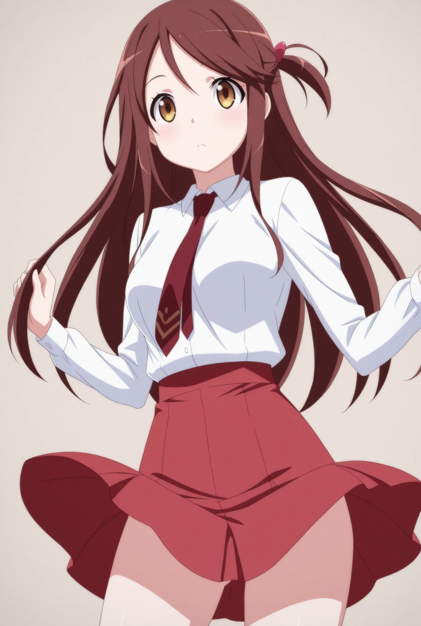 from behind, , skirt lift, skirt hold, contrappost, white background, long hair, evil smile,