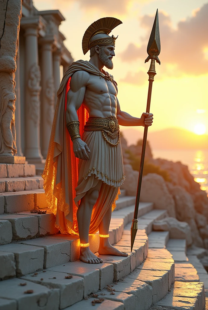 Show Atum in the act of creation, standing on the primordial mound, with the sun rising behind him. His posture is powerful and focused, his right hand extended forward, symbolizing his creative will. He is depicted with traditional Egyptian royal attire, including a shendyt kilt, a nemes headcloth, and a flail across his chest. The background features an ancient Egyptian temple partially submerged in water, with glowing hieroglyphs emerging from the depths. Use masterpiece, best quality, CG, wallpaper, HDR, high quality, ultra detailed face, cinematic, high detail, 8k, raw, high, artstation HQ, unreal engine, octane renderer, 4k resolution, hyperrealistic, highly detailed, and absurdres settings