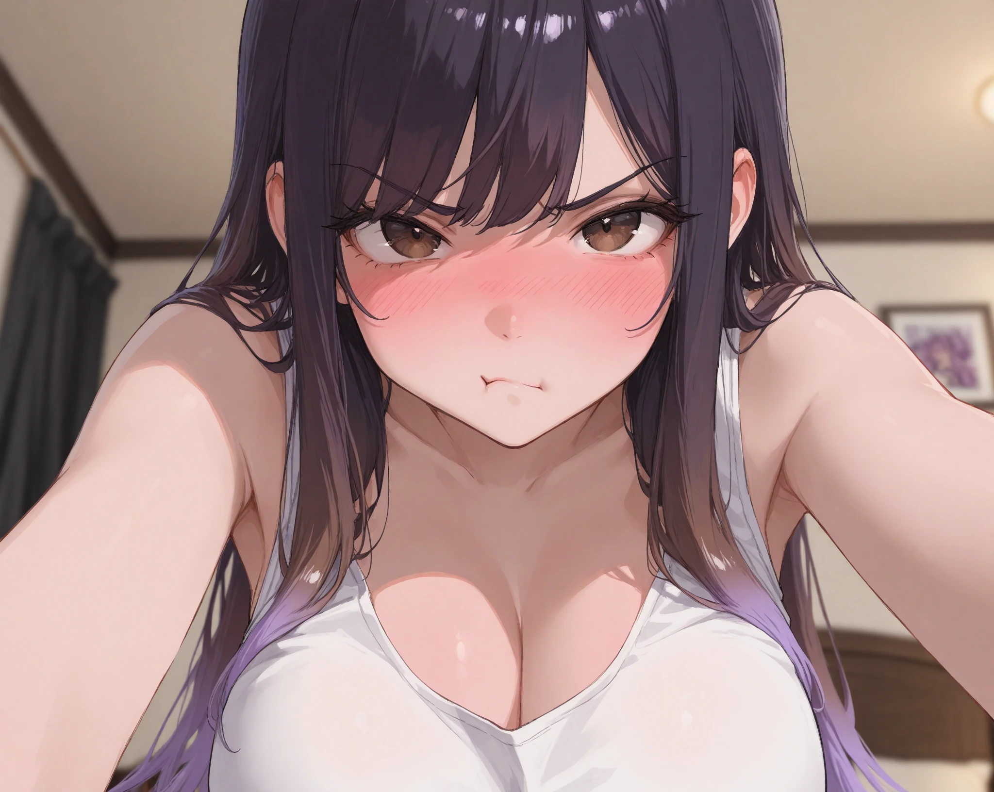 1 milf, purple and slightly black hair, wearing a black tank top, cynical look, angry face, white background, sex scene