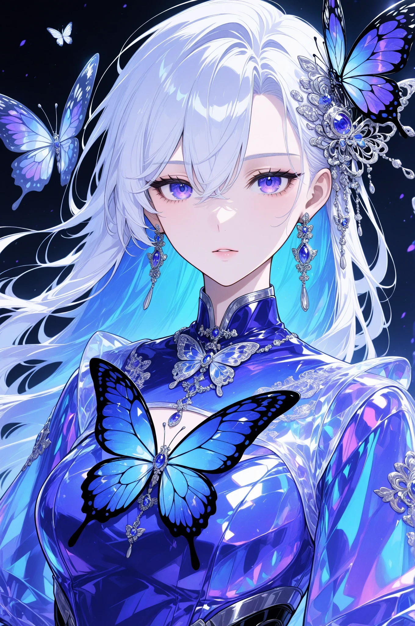 Butterfly motif、blue and silver tones、Vibrant colors、((masterpiece)))、(((top-quality)))、((ultra-detailliert))、(A hyper-realistic)、(highly detailed CGillustration)、From the right side、Official art、Vienna at the beginning of the 20th century、Decadent、Madame Papillon、Cool Beauty、Masquerade、refinement、Elegance、Gorgeous、Masks that cover most of the face、Colorful and detailed mask design、matchless beauty、Fans、gorgeous dress、jewely、female solo、Perfect Angle、perfect-composition、full body Esbian