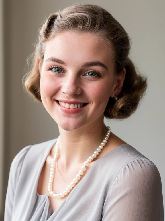 There's a woman sitting with a smile on her face, white dress with white bow at the waist, cabelo loiro, black nylon scarf on hair, silver bracelet on arm, alta qualidade,