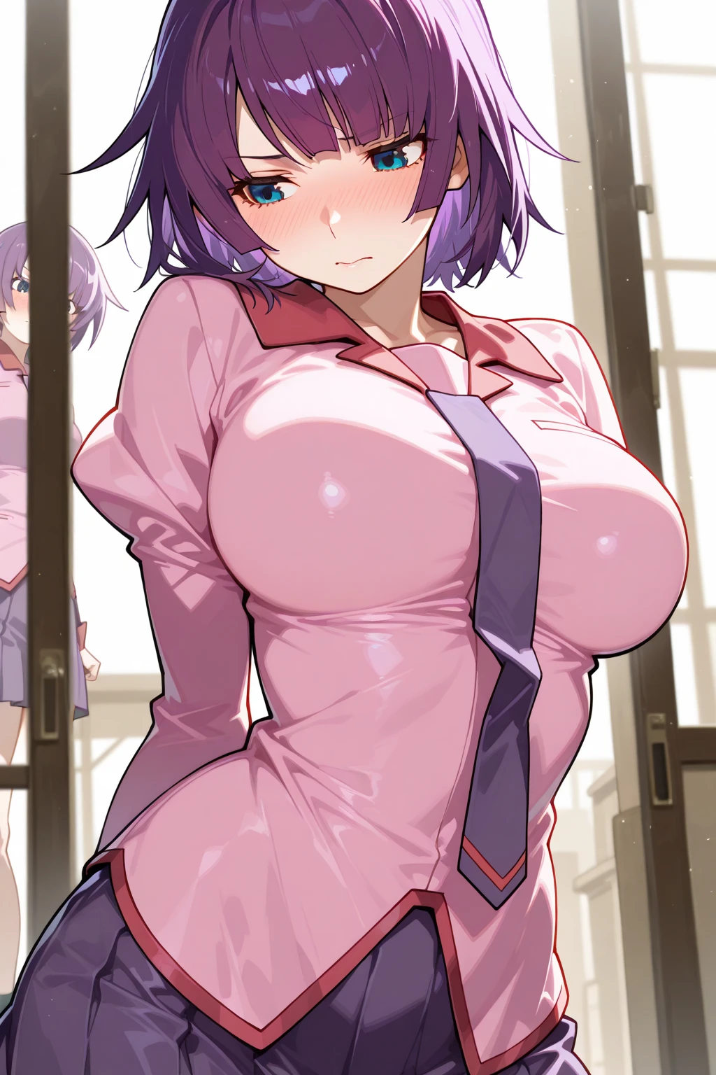 "(masterpiece:1.1), best quality, NSFW,
1girl, gyaru, (80s anime style:1.4),
(purple hair:1.1),
(hair slicked back:1.2), (twintails:1.1),
blue eyes, (thick eyebrows:1.1),
(curvy body:1.2), (gigantic breasts:1.3),
(grin:1.2), (open mouth, tongue out, blush:1.2),
(thong panties, naked:1.2), (heart pasties, pubic hair:1.4),
tattoo, collar, hair ornament,
standing, peace sign,
upper body,
(daytime, classroom:1.2)"