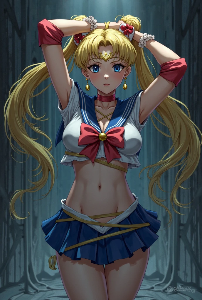 cat girl,long blonde hair,blue eyes,sexy,big chest,dressed as sailor moon sexy red and black