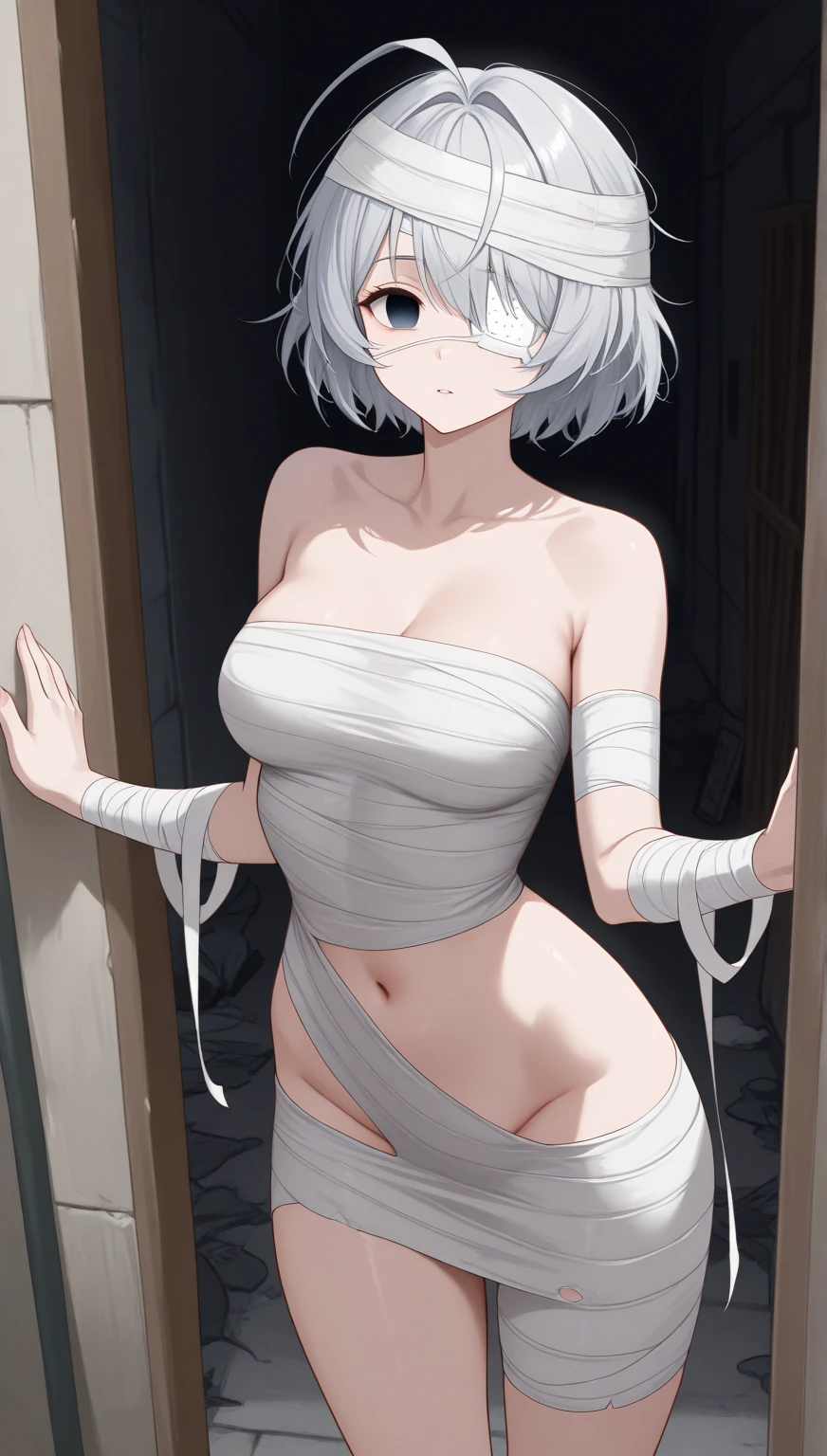 16k works,Highest quality,18-year-old,No background.White background only,whole body、sexy, One person, Beautiful Face,, Symmetrical eyes, Perfect body, Good balance、 Perfect body裸、,whole bodyに包帯を巻いて、Like a mummy,sit