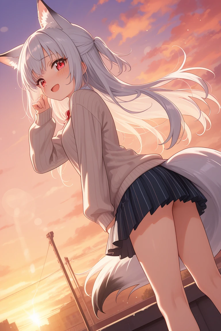(Masterpiece), (Top Quality Anime Illustration), (Super Definition), One Girl, Solo, Beautiful Girl with Silver Hair, Anime Loli, Cat Ear Loli, Miniskirt Santa, See-through, Sleeveless, Smile, Bare Skin Visible Side, Open Stance, Thighs, Ass Protruding, Ass Focus