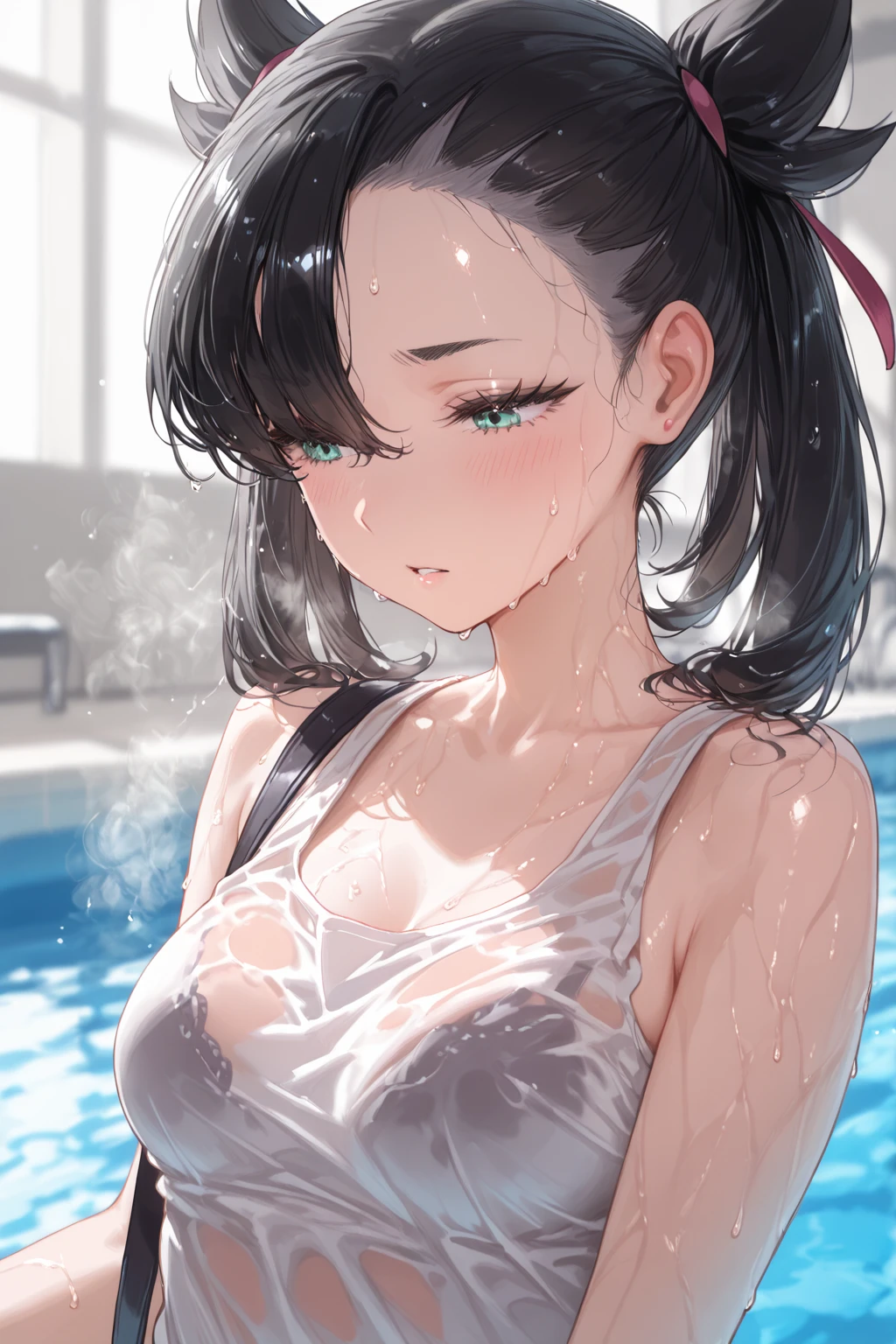 masterpiece, High resolution, perfect face, beauty of japan, 30 years old, beautiful face, shower room, play sex with man, embarrassed look, look at the camera, top quality eyes, detailed texture, look at me, little curvy, Married woman, cool women, high resolution eyes, black hair