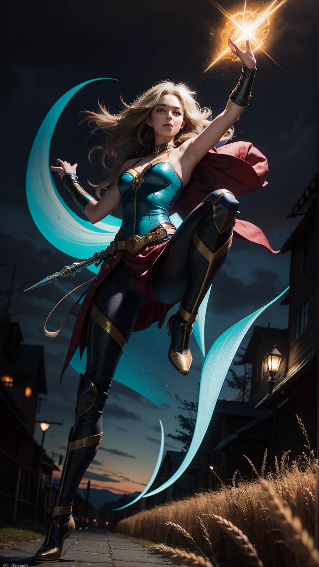 Movie scene, dark, mid-length close-up [Nicole Aniston], blonde hair, movie scene, cowboy shot, action, beautiful woman, blonde, long hair, bangs hair, strong, beautiful, super girl DC comics, blue and red swimsuit, mini skirt, red and gold cloak, energy, action, impactful, floating in the air, down, night energy