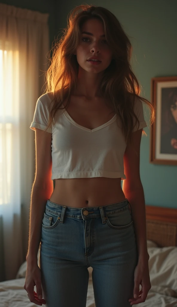 White 22 years old beautiful girl, short orange hair, embarrassing expressions, ((highly detailed eyes)) brown eyes,((red crop top)), ((blue jeans)), detailed eyes, masterpiece, greek clothes,peplos,(( shoulders)), Charming model, (Delicateeyes, Delicate lips), Show a bright smile, Create stunning girl images, warm color, Very high color saturation, Unity 8K Wallpaper, (High Dynamic Range :1.4), (Movie atmosphere),(Soft colors), (Natural skin texture, ultra-Practical, Soft Light, sharp),(Very detailed), night, moonlight