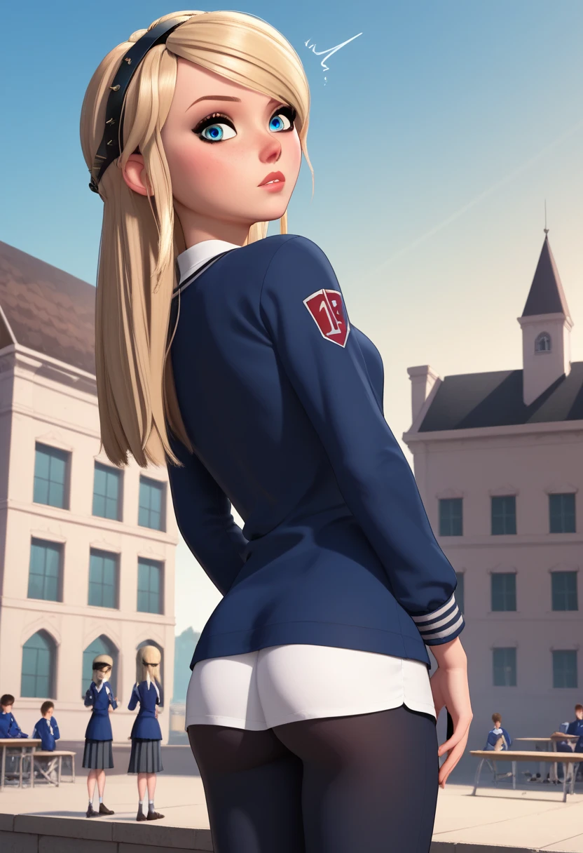 Protogen, female, by bebebebebe, school, student uniform, small waist, wide hips, standing, red skirt, white shirt, under view showing pussy, feral, shy pose, showing her ass, back view, close up view, worm's-eye view