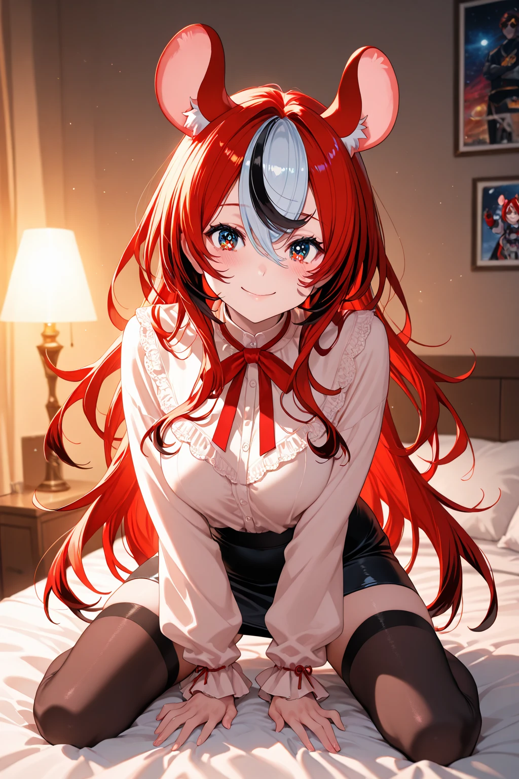 1girl with long red hair, amber eyes, fox ears, fox tail,maid uniform with shirt skirt and deep decolletage, blush shy face, bedroom, indoors, fantasy world house, red panties