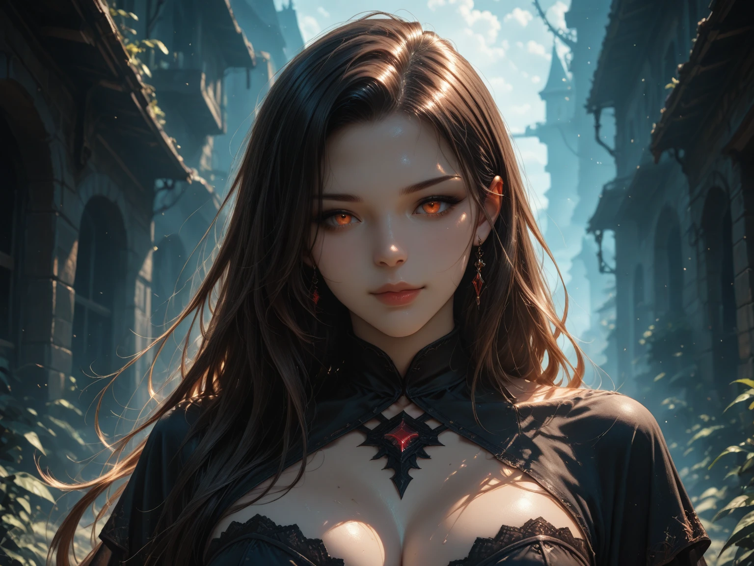 a beautiful busty Asian gothic nun elf woman with demon horns, glowing eyes, and a demon tail, wearing a black and red bikini armor in ancient ruins at night under a full moon, black tattoo, boots, (best quality,4k,8k,highres,masterpiece:1.2),ultra-detailed,(realistic,photorealistic,photo-realistic:1.37),dark fantasy,cinematic lighting,dramatic atmosphere,vibrant colors,intricate details