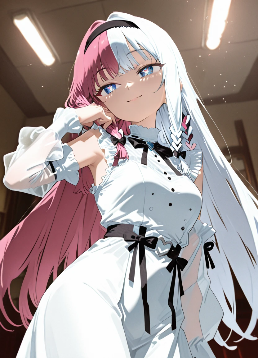 tmasterpiece，one-girl，White color hair，with their face not visible、Pink Lolita dress，short sleeve dress、Flipping up the skirt behind the back with your hands、Panchira、Cute white pants，backs、a room