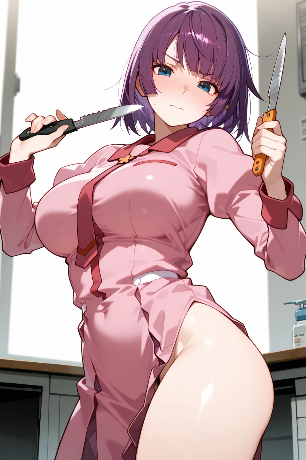nsfw,Future Diary、My wife Yuna、anime_still, masterpiece, best quality, sexy, 1girl, Gasai Yuno,(large breasts:1.5), nipples, solo, nude, as Gasai Yuno Sits in her kill room she stays blankly act a painting of her lover, she is wearing a black choker and black thigh highs and behind her there is a small table with a blood stained knife and a black face mask as well as a apron made of human skin, ((kill room)), ((blood)), ((psycho)),evil smile,dark and for Bodine atmosphere, she is hunting you