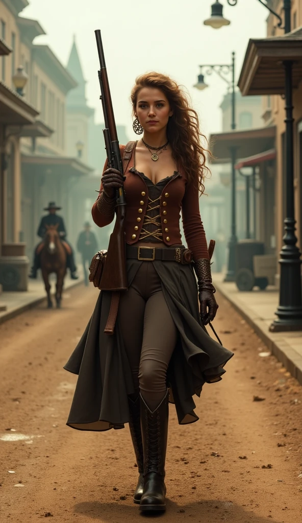 a woman ((((rushes very fast )))) down the street, (((front to camera))), detailed face, (victorian era Van Helsing style), NSFW, RAW, analog style, ultra detailed photograph, cinematic lighting, artstation, 4k, sharp focus, high resolution, detailed skin, detailed eyes, Kate Beckinsail face