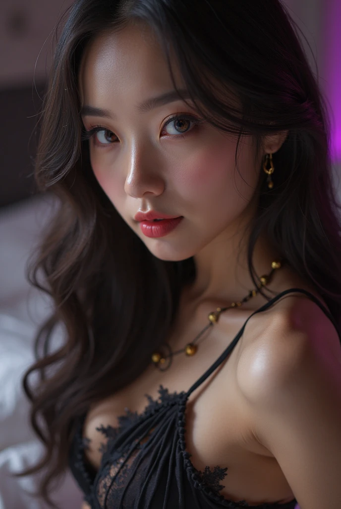 realistic photo, beautiful asian woman, sensual asian woman, woman lying on bed, woman in lingerie, detailed face, beautiful eyes, beautiful lips, long eyelashes, detailed facial features, delicate skin, elegant pose, soft lighting, bedroom interior, (best quality,4k,8k,highres,masterpiece:1.2),ultra-detailed,(realistic,photorealistic,photo-realistic:1.37),cinematic lighting,dramatic shadows,warm color tones