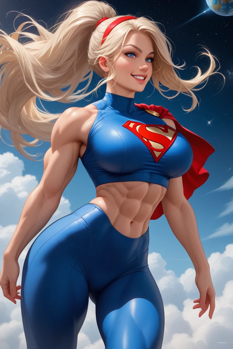 (cowboy shot), SFW, (masterpiece), (best quality: 1.0), (ultra highres: 1.0), detailed eyes,
BREAK
Supergirl, 1girl, long blonde hair, in the air, flying
Hair band, \(blue\) crop top, short sleeves, cape, red pencil skirt, gloves, boots
BREAK
(Morning sun, city, stunning view)